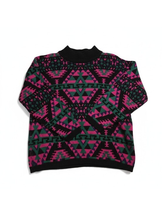 Jamie Scott Sweaters - Vintage 90s Jamie Scott Geometric Pattern Knit Sweater Pink Green Acrylic S 80s